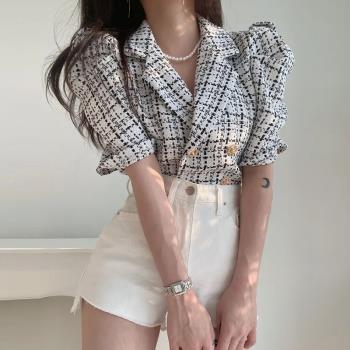 韓國chic夏季復古小香風西裝領撞色格紋雙排扣泡泡袖短款外套女