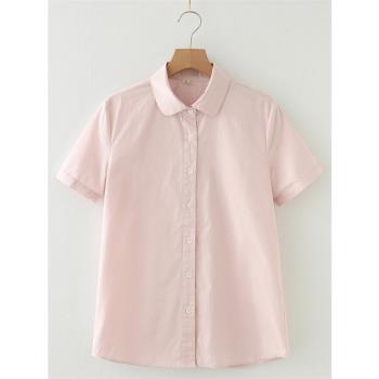 2023夏季新款純棉短袖透氣襯衫女式文藝范簡約百搭粉色白色襯衣