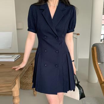 韓國chic夏季復古氣質西裝領雙排扣收腰泡泡袖小個子百褶連衣裙女