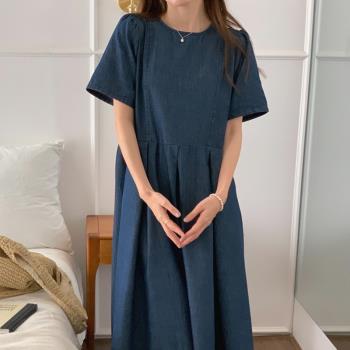 韓系chic夏季復古後背小排扣設計感小眾寬松中長款牛仔連衣裙女