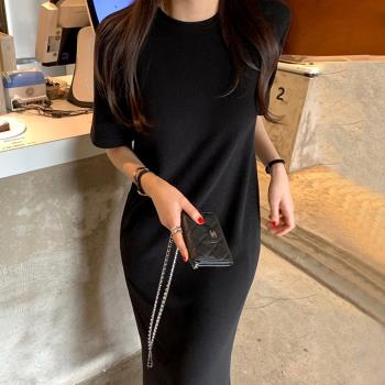 韓國chic夏季復古氣質圓領修身顯瘦中長款短袖開叉針織連衣裙女