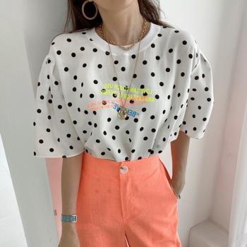 韓系chic夏季新款小眾百搭圓領字母印花設計寬松波點短袖T恤上衣
