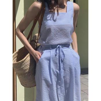 韓系chic夏季小眾氣質方領條紋無袖背心+高腰顯瘦半身裙套裝女