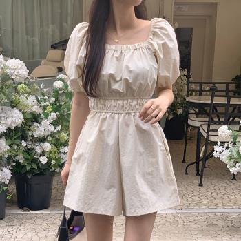 韓國chic夏季法式復古方領露鎖骨褶皺收腰顯瘦泡泡袖闊腿連體褲女