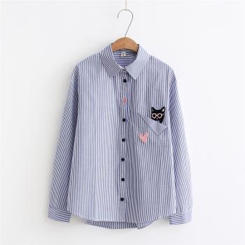 2024新款條紋襯衣貓咪刺繡雪紡長袖襯衫女甜美上衣小眾藍色上衣女