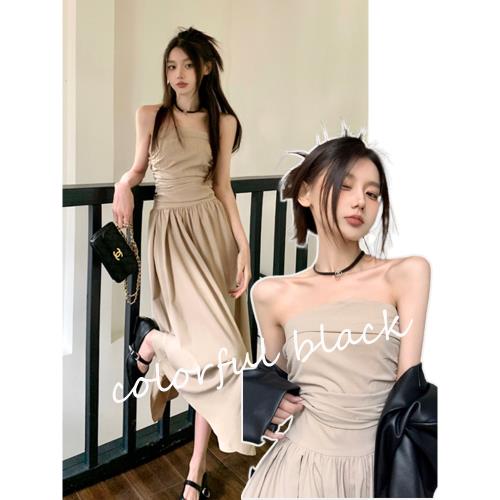 高級感斬女穿搭法式復古茶歇裙氣質褶皺收腰顯瘦抹胸連衣裙女夏季