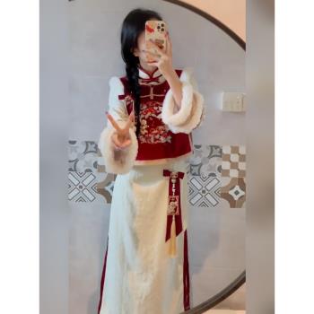 新中式女裝國風新年過年戰袍冬季紅色改良旗袍連衣裙馬甲套裝秋冬