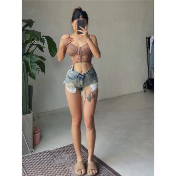 修身顯瘦歐美高腰磨破不規則流蘇雪花做舊牛仔短褲女2025新款夏季