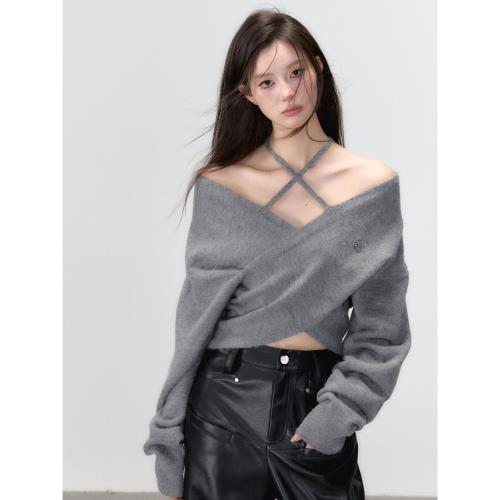 徐藝洋同款ViaPitti雙色綁帶露肩交叉毛衣女新款寬松短款針織上衣