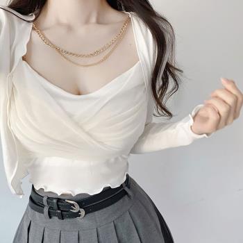 韓國東大門新品 氣質女人味性感交叉吊帶背心+鏈條開衫套裝ly