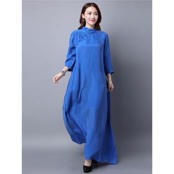 重磅真絲銅氨絲連衣裙女2025夏季新款大碼改良旗袍國風復古茶藝裙