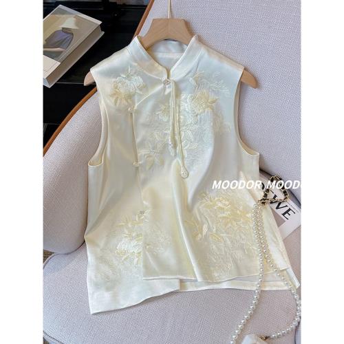 白色宋錦馬甲背心女夏裝無袖襯衫高級感新中式國風刺繡醋酸短上衣