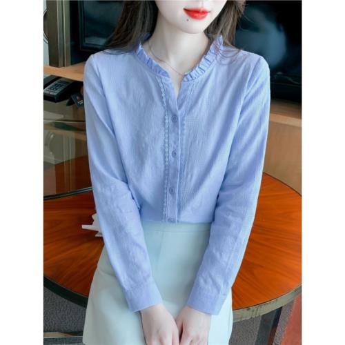 春秋裝2025年新款純棉襯衫女洋氣全棉百搭木耳領上衣提花女士襯衣