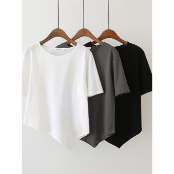 2023夏季韓版新款時尚設計感小眾圓領不規則純色短袖大碼簡約T恤