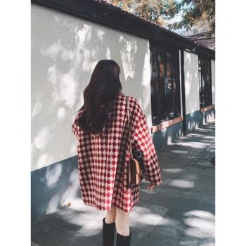 紅格子西裝毛呢外套女2023秋冬季新款韓版小個子學生加厚呢子大衣