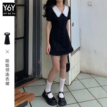2022年早秋新款設計感小眾娃娃領法式黑色赫本風連衣裙子女裝夏季