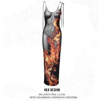 KKX歐美時髦火焰人體印花性感吊帶連衣裙夏新款辣妹顯瘦氣質長裙