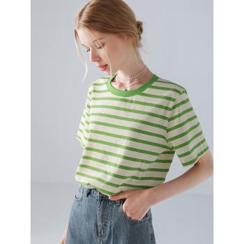綠色條紋t恤寬松體桖流行短袖