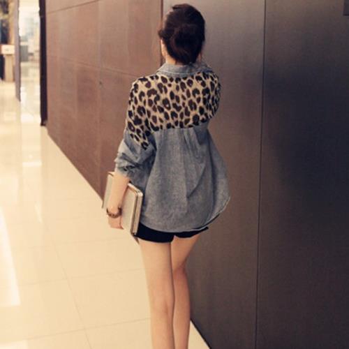 牛仔外套女春季ins潮韓版寬松bf個性復古豹紋拼接雪紡夾克上衣