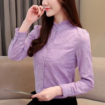紫色長袖修身刺繡花純棉秋裝襯衫