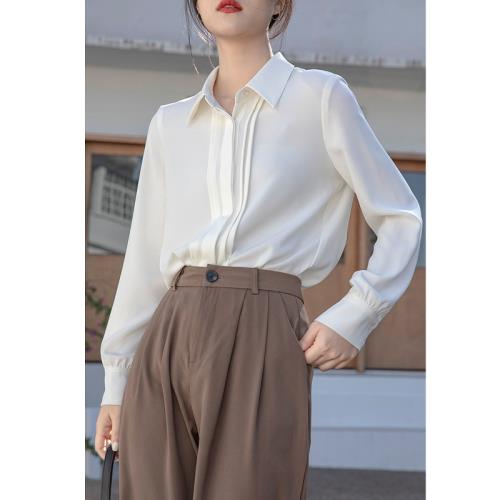 緞面長袖白襯衫女設計感小眾職場ol通勤面試襯衣早秋韓系上衣輕熟