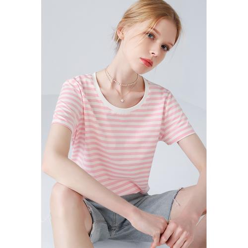 粉色條紋短袖u領正肩t恤女設計感小眾寬松內搭純棉體恤鎖骨上衣夏