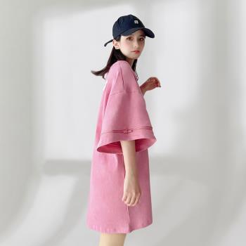 夏季薄款粉色oversize個性設計感大t恤短袖女中長款遮屁股寬松ins