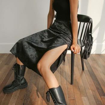 Dark wind retro jacquard split bag hip skirt womens summer