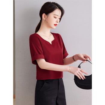 2023夏季女裝新款韓版V領雪紡襯衫漂亮時尚短袖洋氣紅色減齡上衣