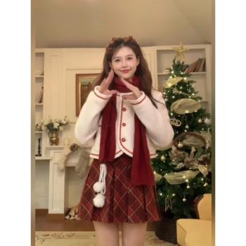 大碼純欲甜美高階感加厚夾棉毛呢外套女秋冬紅格子半身裙聖誕套裝