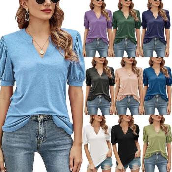 Womens top summer new casual v-neck solid color puff sleeve
