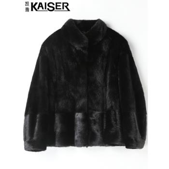 Kaiser立領外套黑色短款貂皮大衣