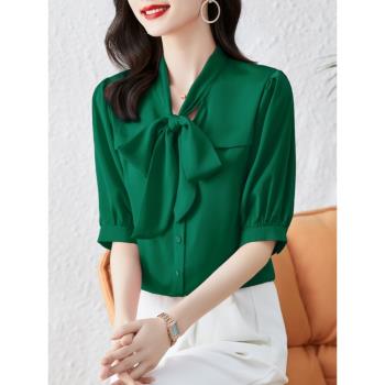 綠色蝴蝶結雪紡襯衫女夏2023年新款洋氣減齡上衣時尚漂亮別致小衫