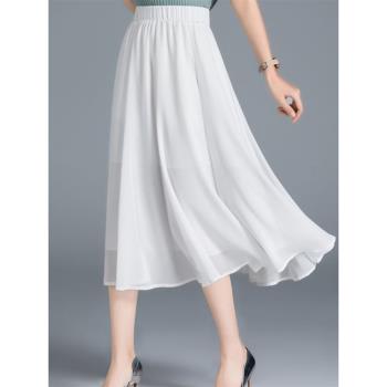 白色松緊腰半身裙女夏季2024年新款高腰氣質顯瘦中長款雪紡大擺裙