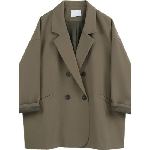 潮牌卡其色西裝外套女2024春秋大碼韓版小個子小眾設計感休閑西服