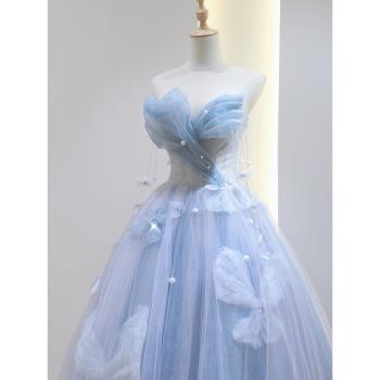 藍色在逃公主抹胸婚紗2023新款新娘小個子重工輕奢高級質感小拖尾