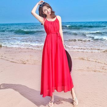 夏季吊帶長裙露背無袖雪紡紅色連衣裙波西米亞長裙海邊度假沙灘裙