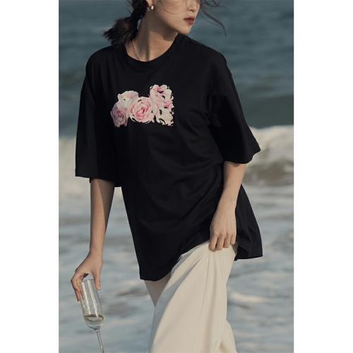 洋氣玫瑰花朵印花t恤女打底小衫夏新款短袖套頭上衣寬松百搭2024
