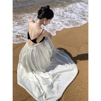三亞海邊度假波西米亞大擺吊帶沙灘長裙氛圍感性感深v露背連衣裙