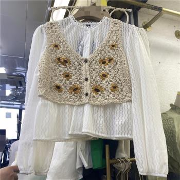 甜美減齡設計感蕾絲長袖襯衫+復古鉤花針織疊穿背心馬甲兩件套裝