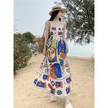 新疆云南大理旅游穿搭女裝泰式民族風印花吊帶沙灘連衣裙海邊度假