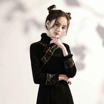 新中式黑色旗袍女秋冬季加絨加厚2025年新款年輕款中國風長袖茶服