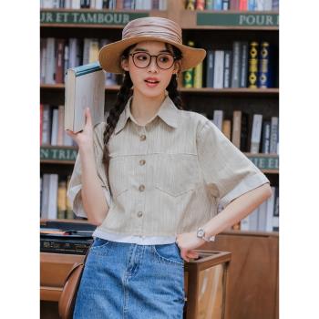 韓版洋氣顯瘦時尚小個子牛仔短袖襯衫復古拼接上衣外套女夏季新款