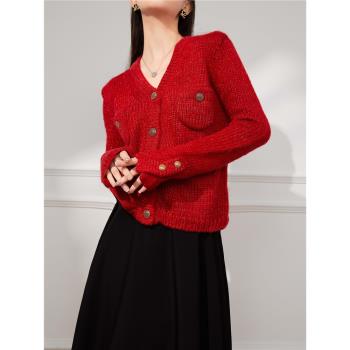 今年流行高級感超好看毛衣喜慶紅色法式小香風針織開衫外套女秋冬