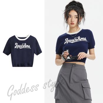韓式學院風清純短款針織t恤女2023夏季新款時尚百搭甜美圓領上衣