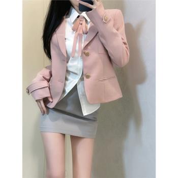 東京原創甜酷學院風粉色JK西裝外套女韓系制服包臀裙襯衫三件套裝