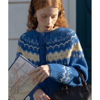 克萊因藍費爾島毛衣外套女冬季法式慵懶風針織開衫外搭別致上衣厚