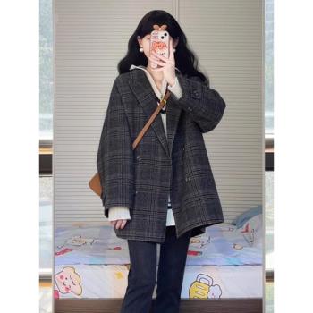 復古格子毛呢大衣女秋冬季2025新款韓系小個子高階感短款呢子外套