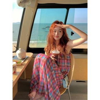 韓系紅色格子休閑吊帶裙女夏季海邊度假連衣裙寬松慵懶風沙灘裙