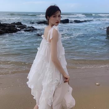 超仙不規則吊帶甜美連衣裙夏寬松顯瘦白色蛋糕裙海邊沙灘裙仙女裙